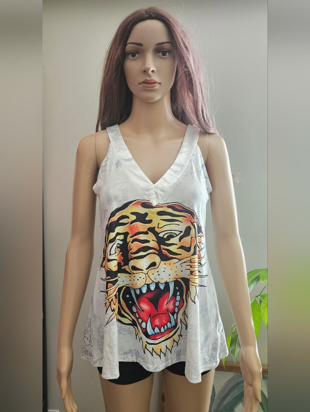 Ed Hardy White V-Neck Tank Top with Bold Tiger Print